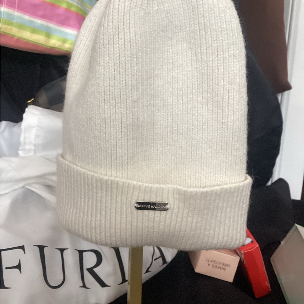 Steve Madden Ivory Knit Beanie with Metal Logo